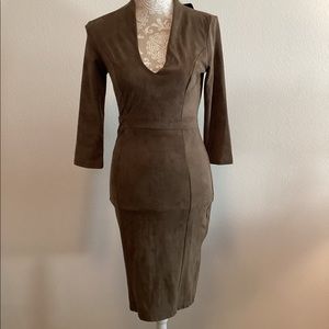 Faux Suede Olive Green/ Brown Midi Dress